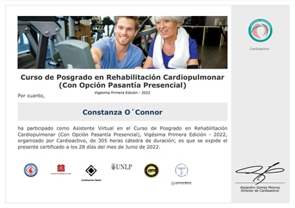 Certificado de Asistencia de Curso de Posgrado de Rehabilitación Cardiopulmonar