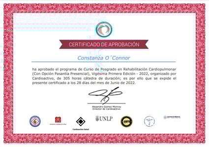 Certificado de Aprobación de Curso de Posgrado de Rehabilitación Cardiopulmonar