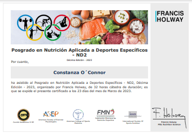 Certificado de Asistencia - Curso de Nutrición Aplicada a Deportes Específicos