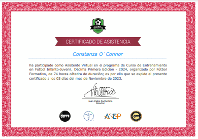 Certificado Final de Asistencia: Curso de Entrenamiento en Fútbol Infanto-Juvenil