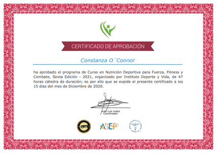 Certificado Final de Aprobación - Nutrición Deportiva para Fuerza, Fitness y Combate