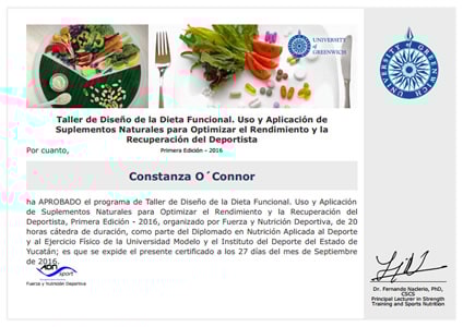 Certificado Final de Asistencia de Taller de Diseño de la Dieta Funcional